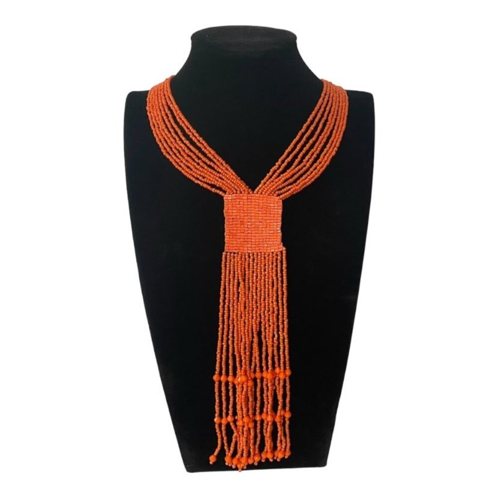Vintage Orange Beaded Multi Strand Fringe Necklace